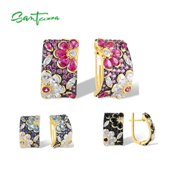 SANTUZZA 925 Sterling Silver Earrings For Women Sparkling Black / Red/Blue Spinel Multicolored Flower Wedding Gifts Fine Jewelry