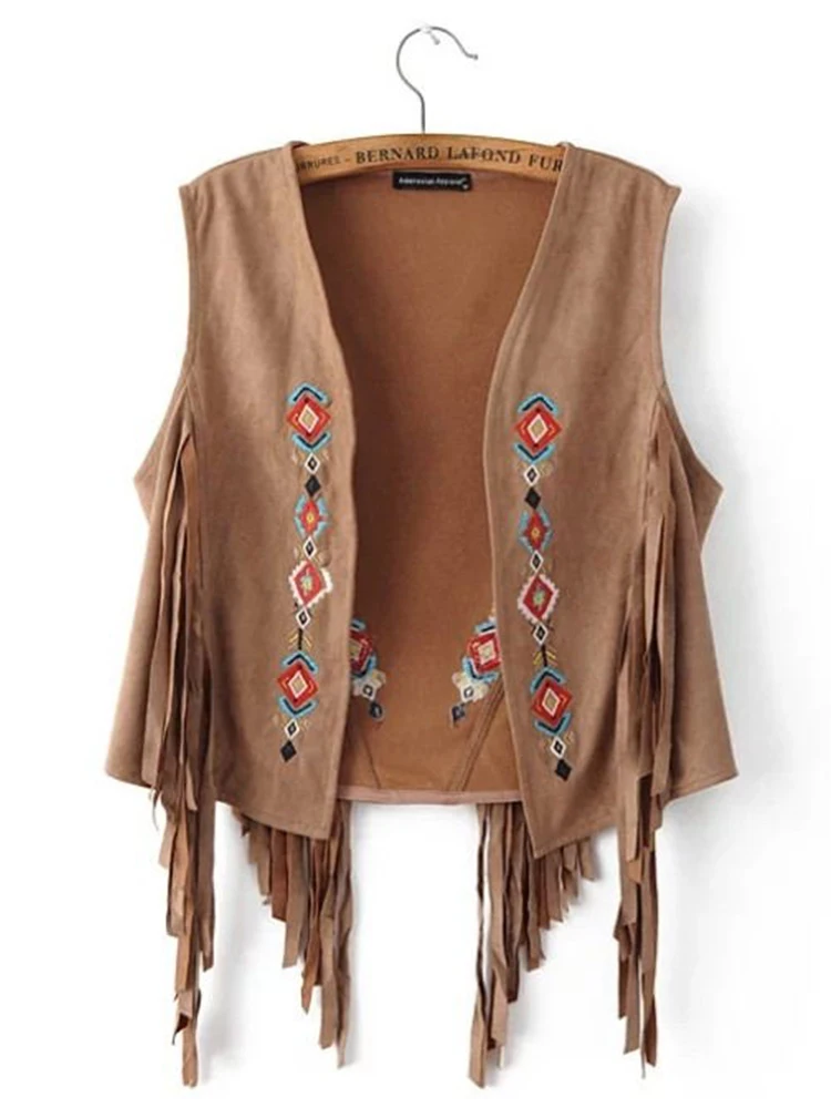 

Retro Bohemian Fringed Embroidered Vest Top Celebrity Liu Yifei Travel Outfit Short Outerwear Jacket V-Neck Commute Style
