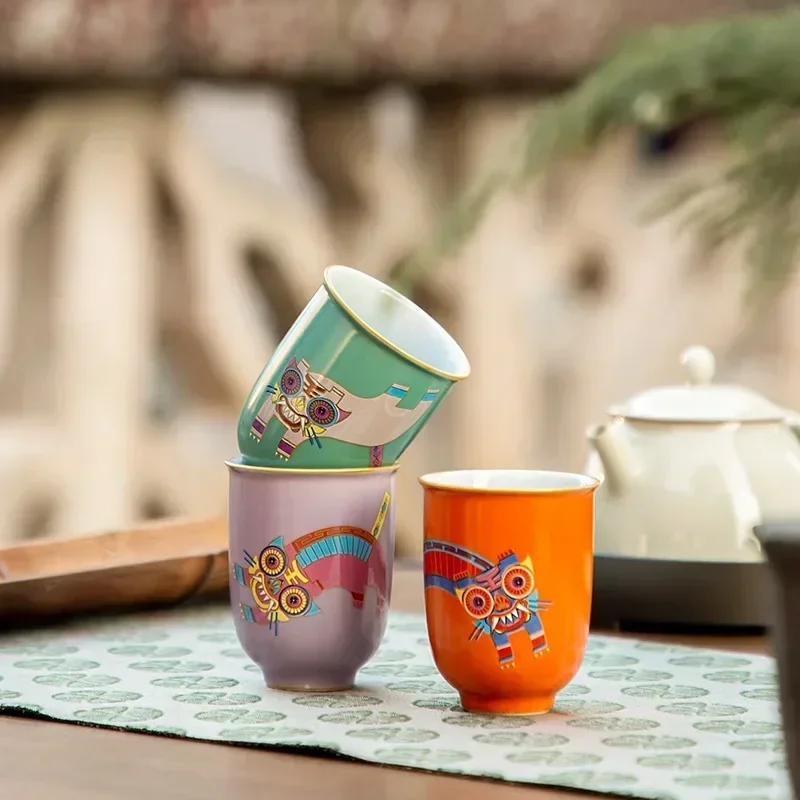 3Pcs/lot Funny Tiger Chinese Green Tea Cup Ceramic Orange Kung Fu Teacup Purple Beautiful Cartoon Teaware A Cup Of Tea Ceremony