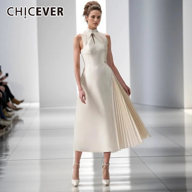 CHICEVER Elegant Patchwork Pleated Dresses For Women Halter Sleeveless High Waist Spliced Zipper Hollow Out Solid Dress Female