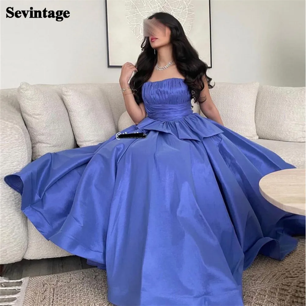 

Sevintage Saudi Arabic Evening Dresses Strapless A Line Party Dress Formal Tiered Pleat Prom Gowns Pleats Dubai Celebrity Dress