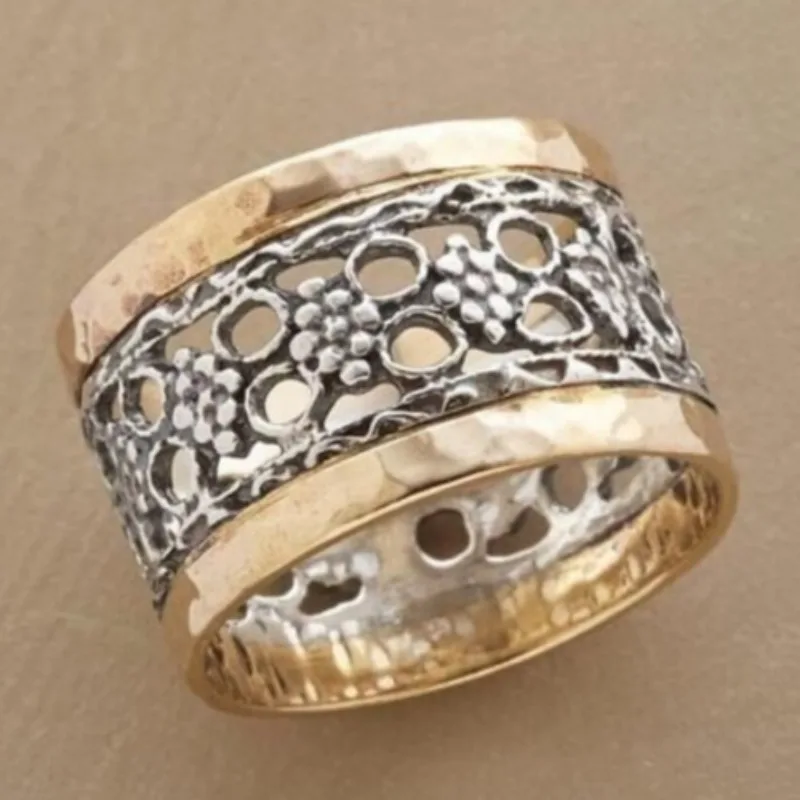 Vintage Hand Carved Geometry Hollow Women's Ring Two Color Metal Daily Wear Party Jewelry Anniversary Gift