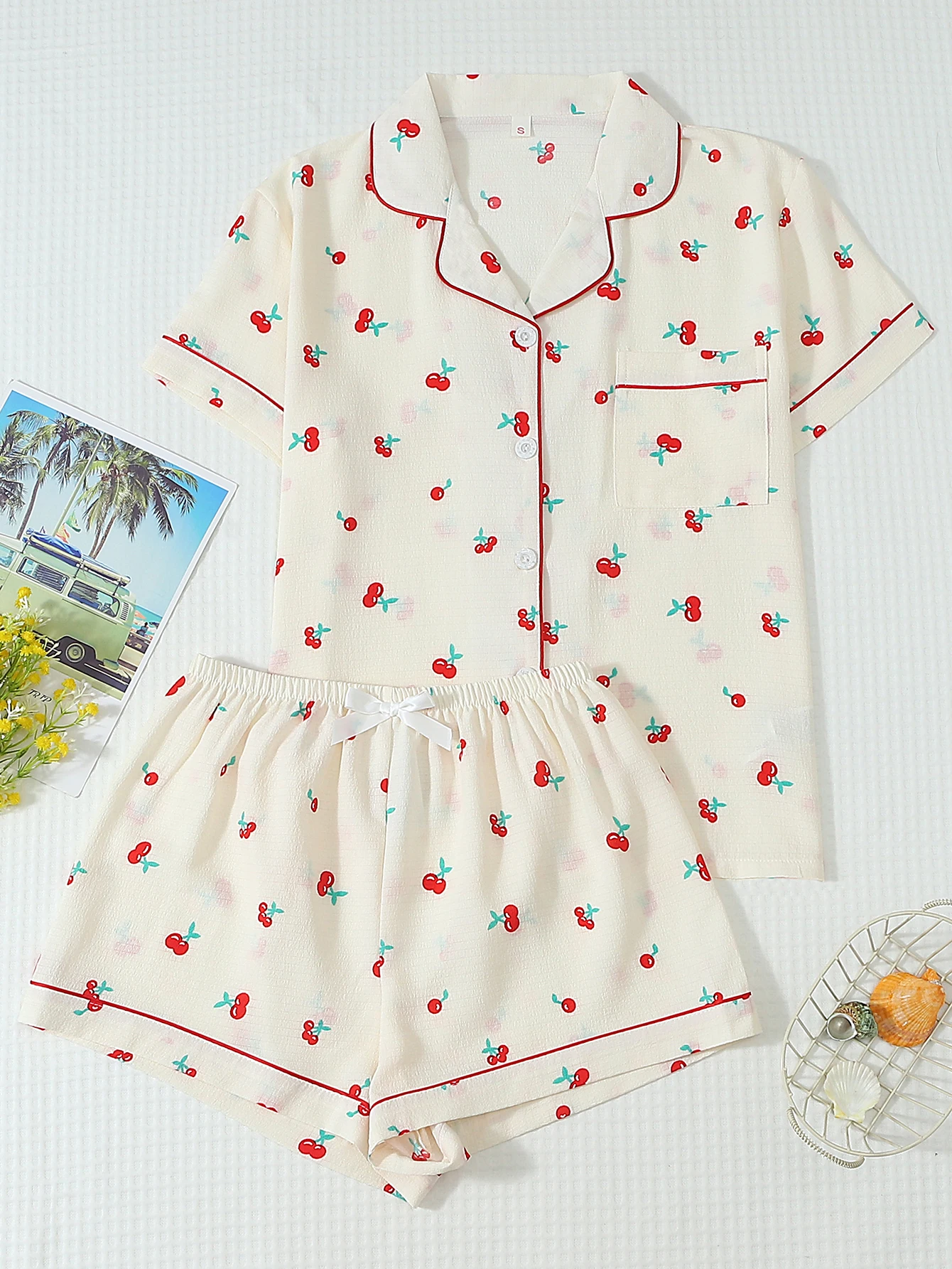 Two-Piece Set: Comfortable Apricot Base with Red Trim, Small Cherry Print, Button-Down Short-Sleeve Top with Pockets and Bow Shorts, Spring/Summer Women's Pajama Loungewear Set Suitable for Home Use