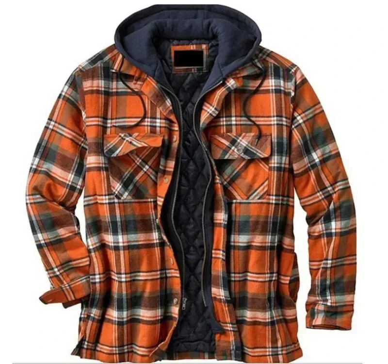 Mens Long Sleeve Winter Hooded Coats Fleece Lined Flannel Plaid Shirts Jacket Button Down Sherpa Jackets with Hood