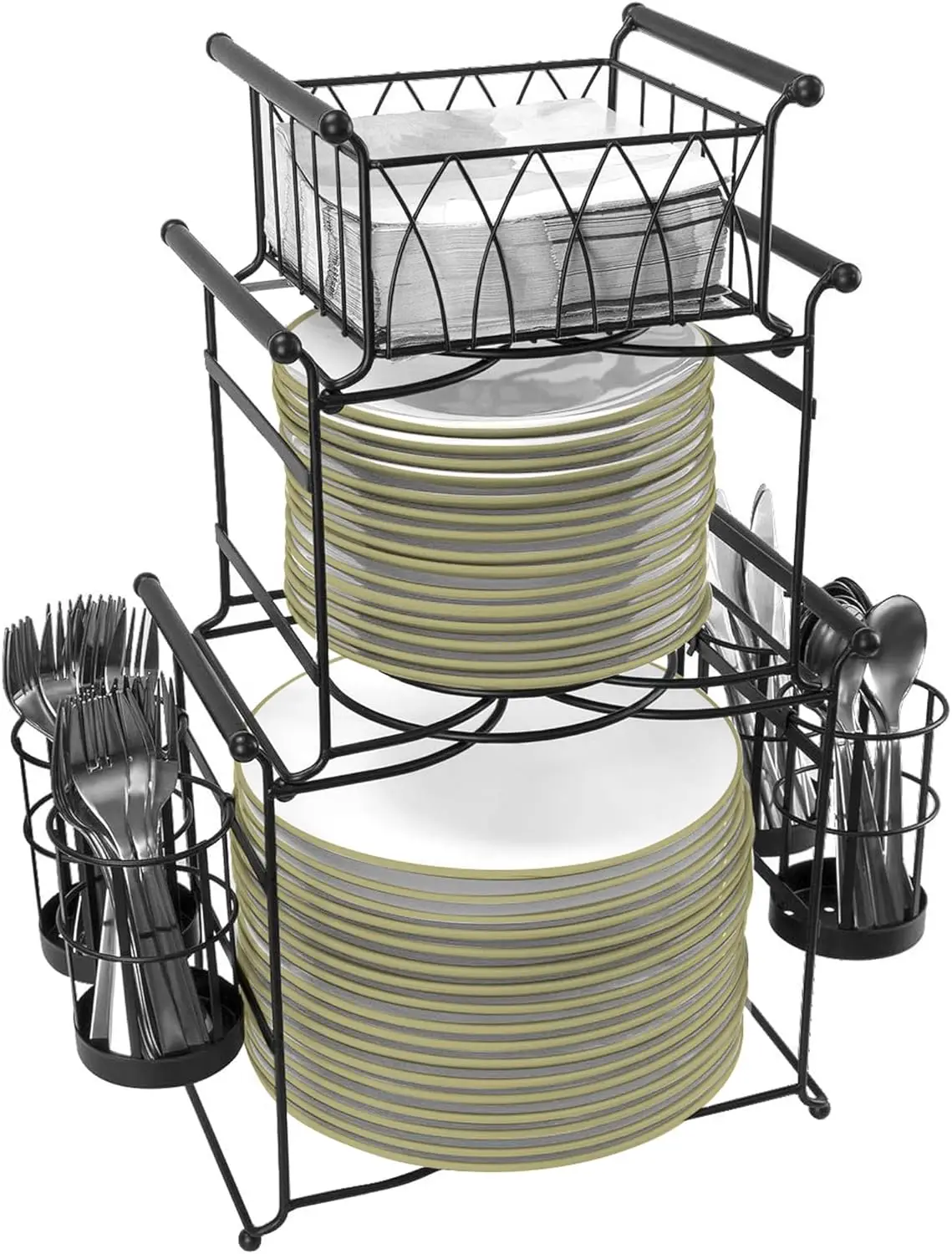 Buffet Caddy — 7-Piece Stackable Set Includes Plate, Napkin, and Silverware Holder, 3-Tier Detachable Tabletop Organizer