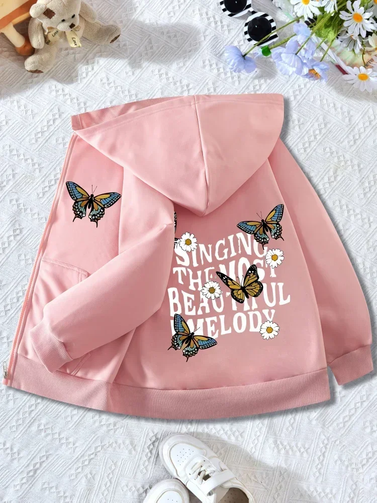 Children Long Sleeve Zip Hoodie Beautiful Butterfly Daisy Singing Melody Print Loose Hooded Outerwear For Outdoor Daily Outfit