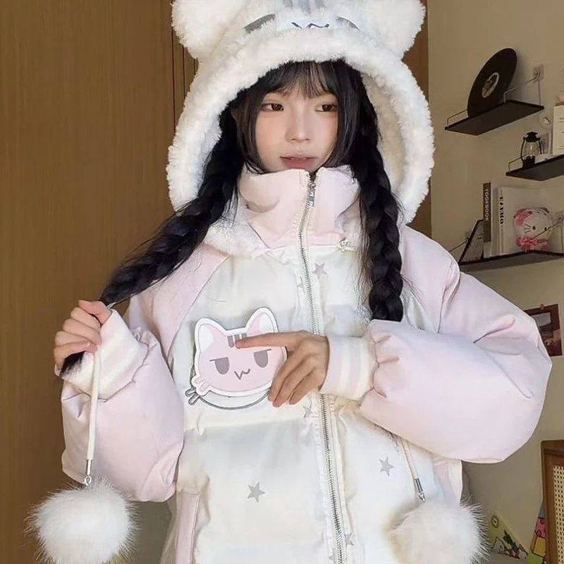 Winter Girl Cotton-Padded Jacket Cute Sweet Cartoon Cat Velcro Coat Fleece-Lined Thicken Outdoors Keep Warm Leisure Hooded Tops