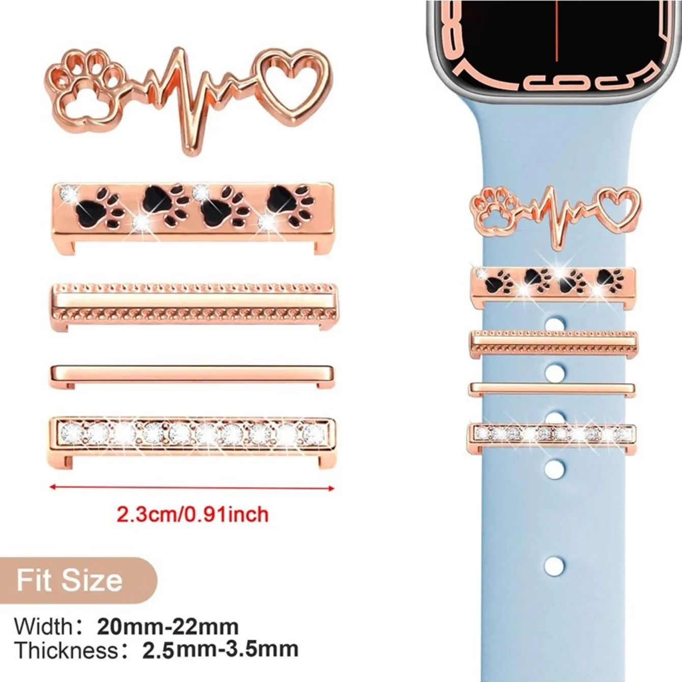 4 قطع من حلقات حلقات حزام الساعة للحيوانات الأليفة، زخارف ساحرة بحزام ساعة معدني لطيف من حجر الراين متوافقة مع سوار ساعة Apple #5