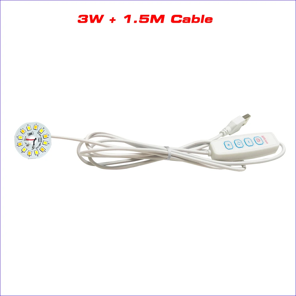 3Colors 1.5M USB Plug Cable DC5V LED lights Online Switch Dimming Controller With  3W 5W 6W 10W 12W 3000K+6500K Light Board .