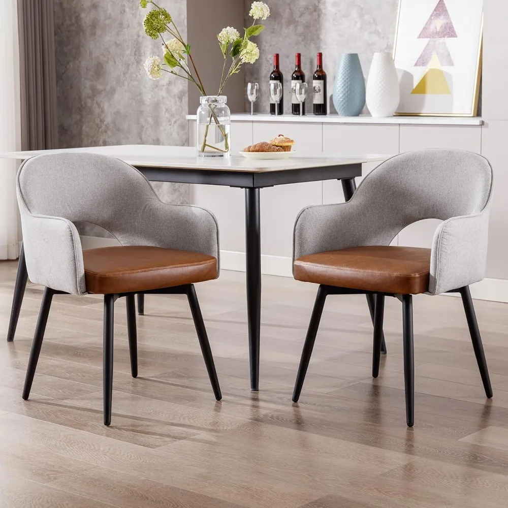 

modern swivel dining chairs set of 2, linen & faux leather upholstered accent side chair, home office desk chair with no wheels
