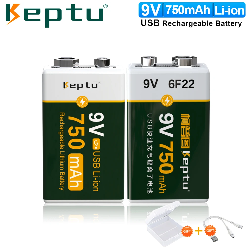 KEPTU 2pcs 9V Battery  USB Rechargeable Li-ion Battery 750mAh Type-C Charging 6F22 9v Batteries for Metal Detector Multimeter