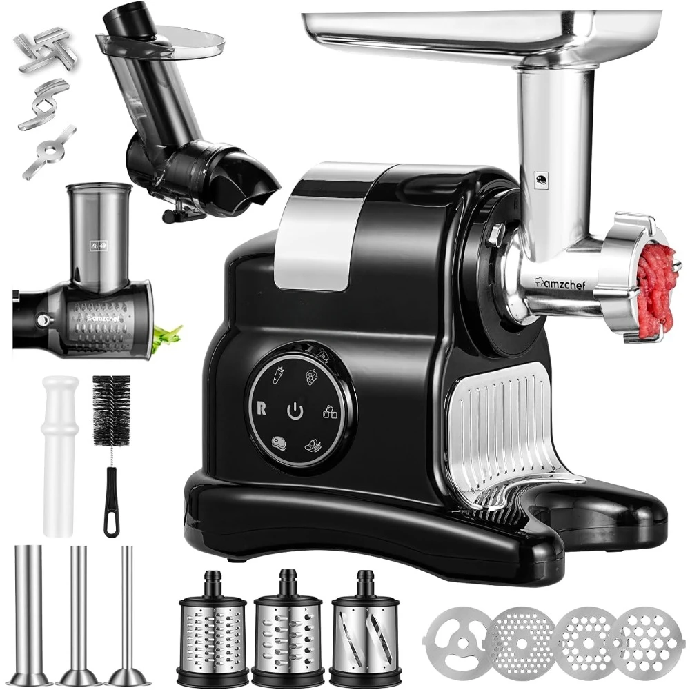 

Meat grinder, 5-in-1 slow chewing juicer with slicer/chopper accessories, juice and vegetable extractor with meat grinder