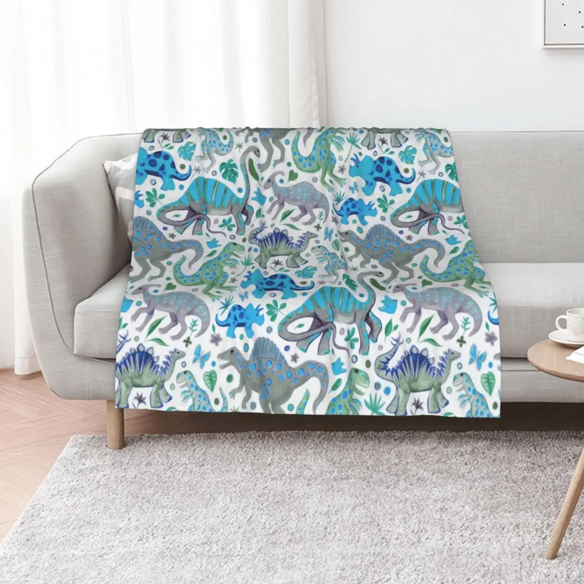 Happy Dinos in Blue and Green Throw Blanket Plaid Luxury Thicken Thermals For Travel Retros Camping Soft Beds Blankets