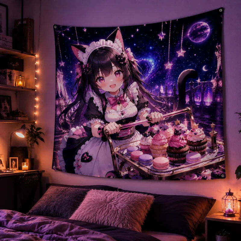VIKAMA Starry Sky Cat-Ear Maid Anime Tapestry, Crescent Moon Swing Wall Hanging, Bedroom Wall Decoration, Home Decor