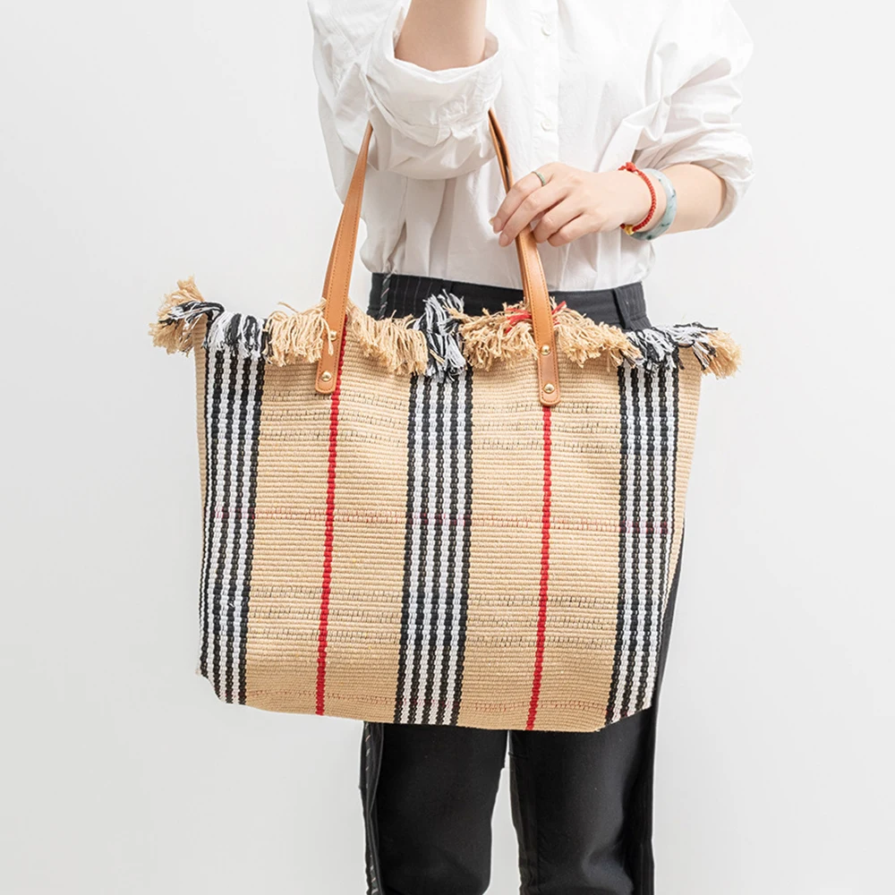 

Ladies' new beach bag tassel embroidered canvas tote bag large capacity contrasting striped shoulder bag vintage woven handbag