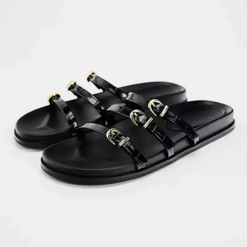 Sandalias negras con tiras finas para mujer, zapatillas planas con punta redonda, cómodas, deslizantes de verano, 2024