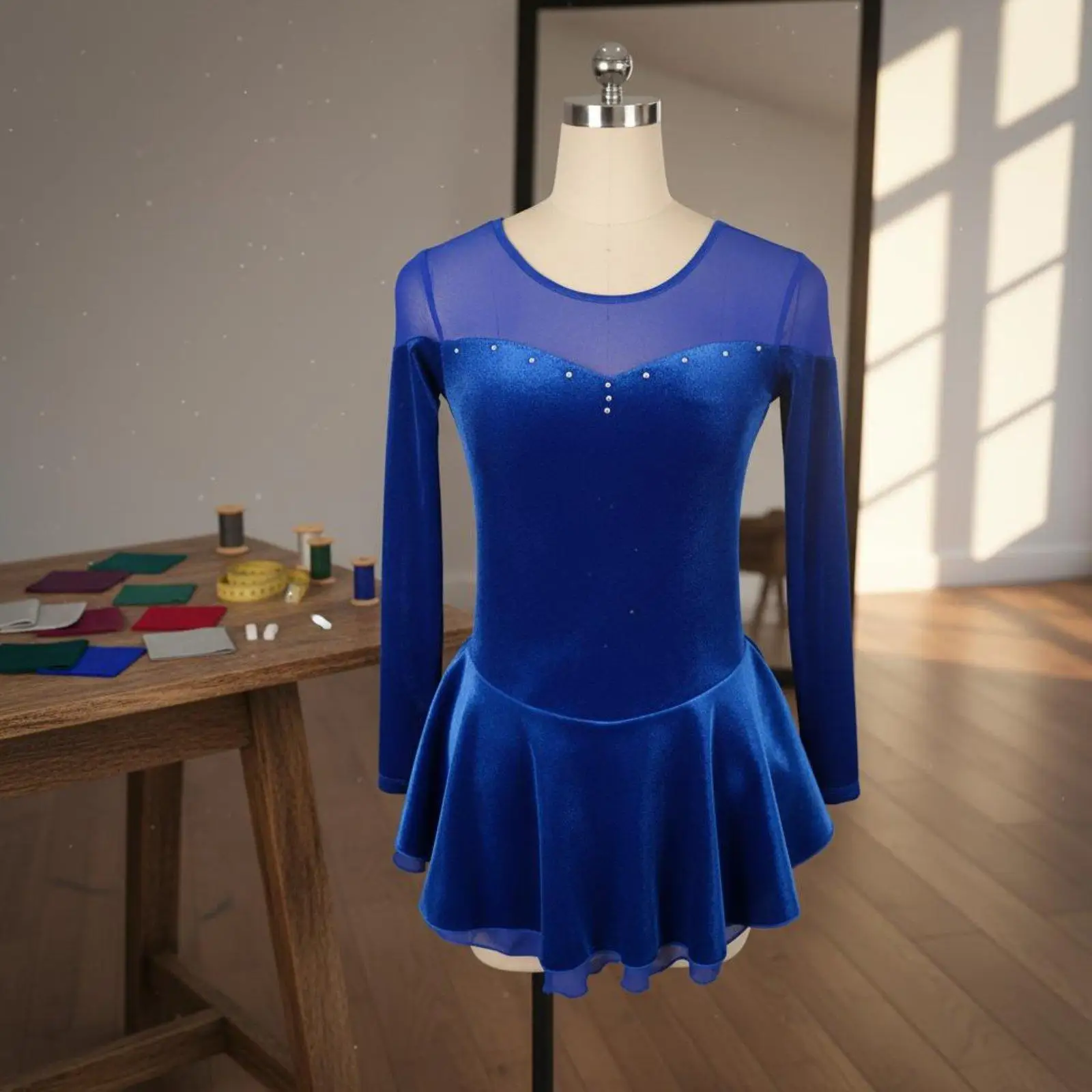 Girls Velvet Figure Skating Dress Handmade Rhinestone Leotard with Mesh Neckline for Ice Rink Testing