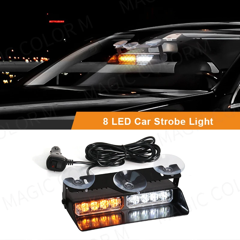 

8 LED Car Strobe Light For Emergency Flash Warning Lamp Windshield Bar Red Blue Amber White Waterproof Auto Light Assembly 12V