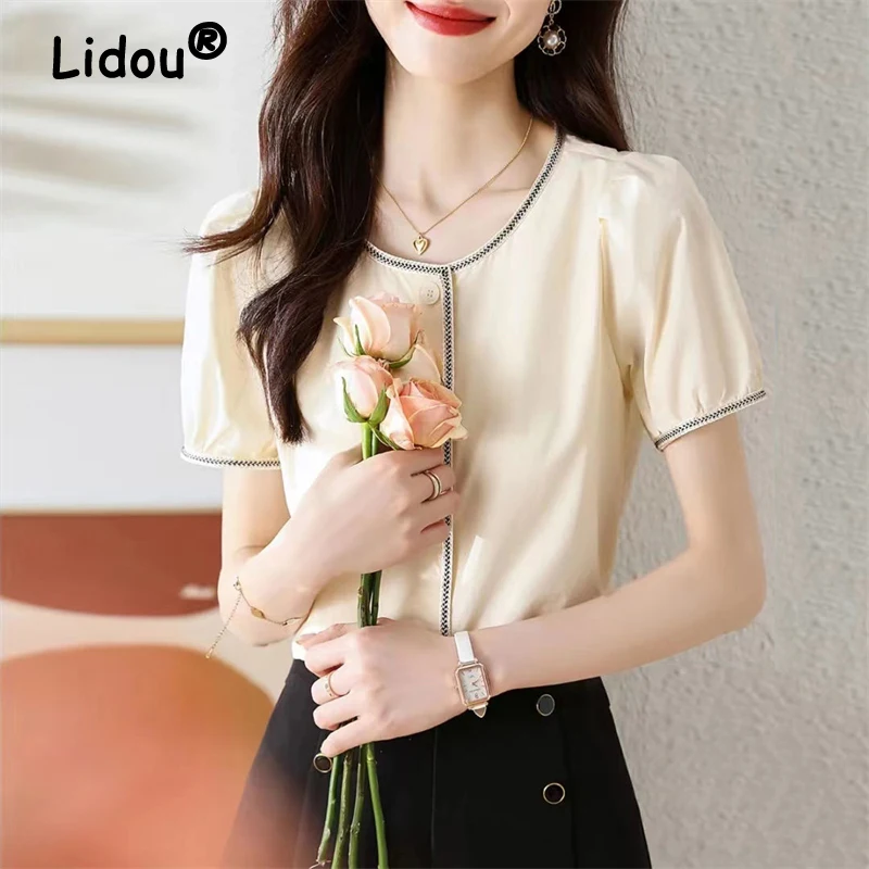 Women's Clothing 2024 Summer Fashion Elegant Chic Button Up Shirt Office Lady Casual Short Sleeve Blouse Solid O Neck Loose Tops