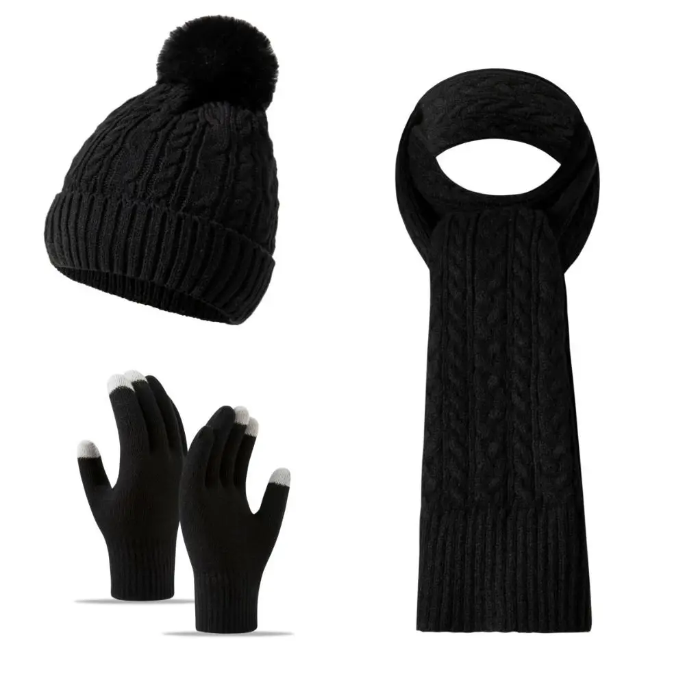 3Pcs/Set Warm Winter Hat Scarf Gloves Set Thicken Windproof Scarf Neck Warmer Suit Knitted Elastic Touchscreen Gloves Unisex