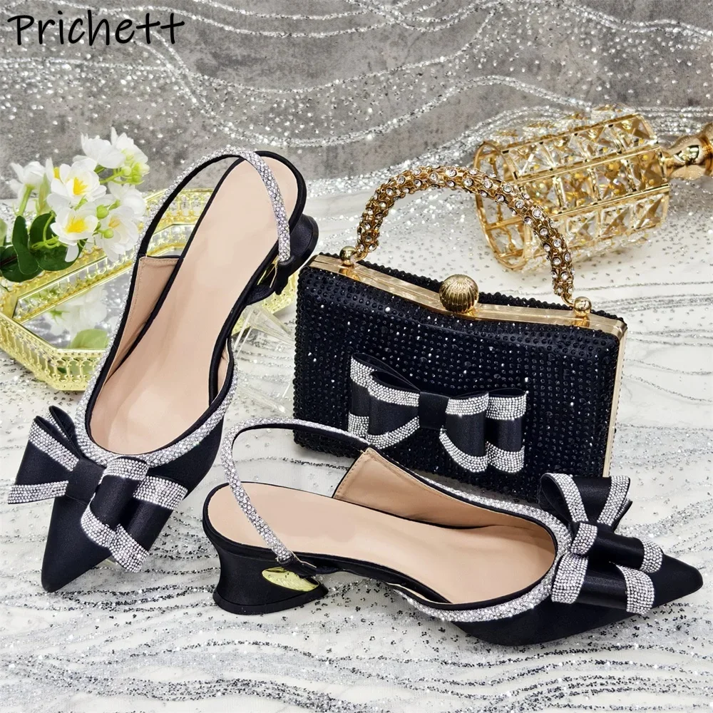 

Crystal Butterfly Knot Sandals Match Bag Strange Style Heels Slip On Pointy Toe Chunky Heels Shoes Women's Bling Party Shoes
