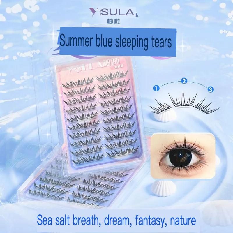 YOULA Summer Blue Tears Glue-Free False Eyelashes Large Volume Curl Natural Looking Thin Sheets Realistic Lively Appearance for
