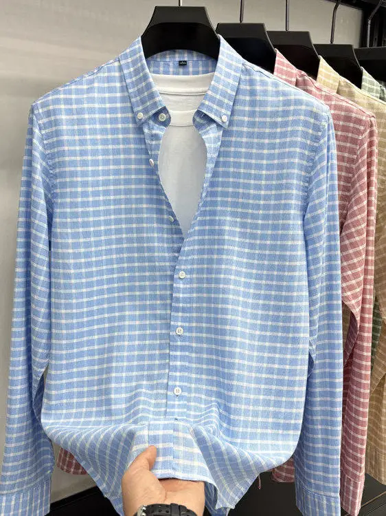 

Autumn Spring New Style Men's Plaid Shirt Casual Long Sleeve Lenzing Linen Cotton High-End Sensation Business Leisure Shirt