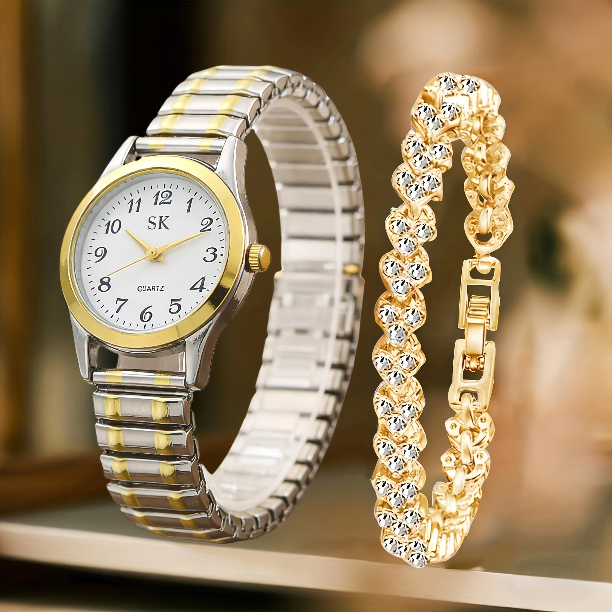 2PCS Fashion Elastic Band Women Watch Bracelet Set Elegant Arabic Dial Women's Quartz Wristwatch Accessory Gift Relogio Feminino
