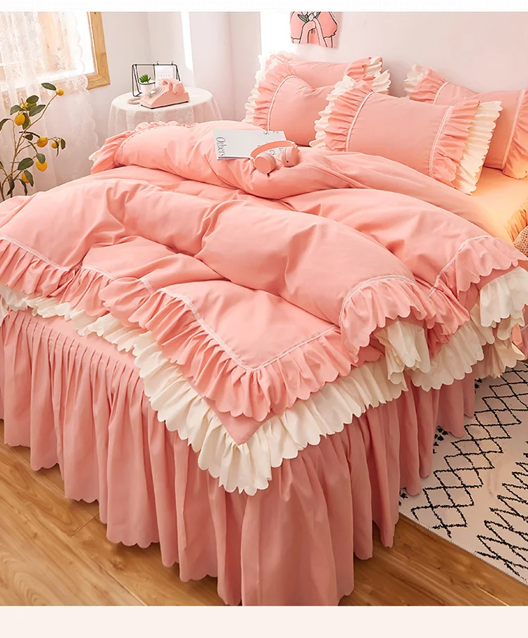 Rosa Spitze Rüschen Bettwäsche Set Luxus Bett Rock Blatt Tagesdecke Koreanische Bettbezug Mädchen Prinzessin Bettdecke Kissenbezüge – Detail 9