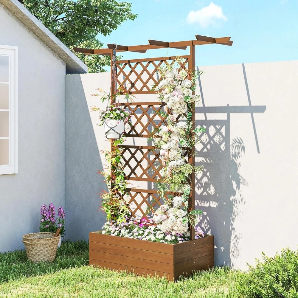 

Wood Planter Box with Trellis, Raised Garden Bed Privacy Screen Planter Box for Climbing Plants, Vines, Vegetables, Customized