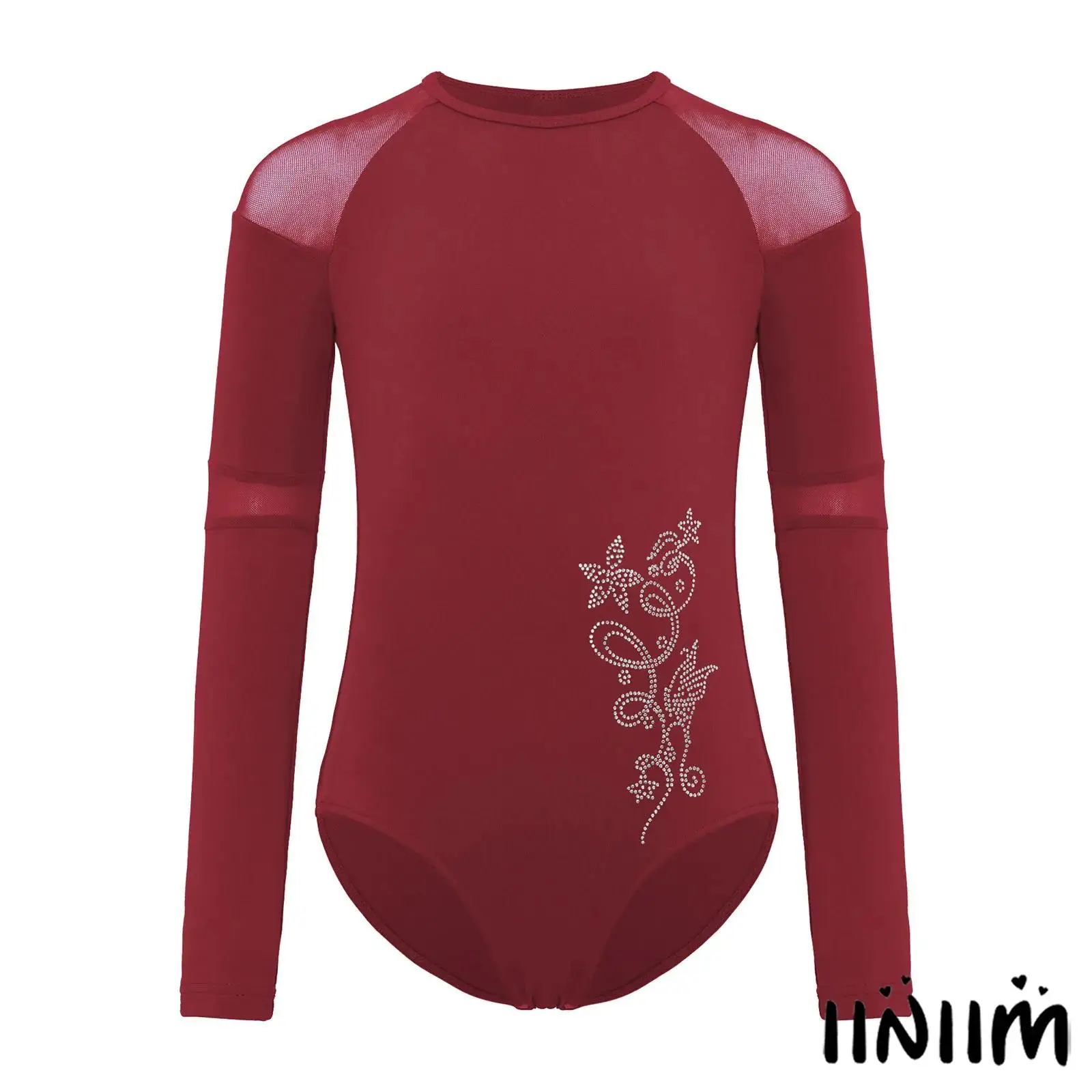 Strój gimnastyczny baletowy dla dziewczynek, z siateczkowymi wstawkami, długi rękaw, trykot baletowy do łyżwiarstwa figurowego i występów tanecznych.