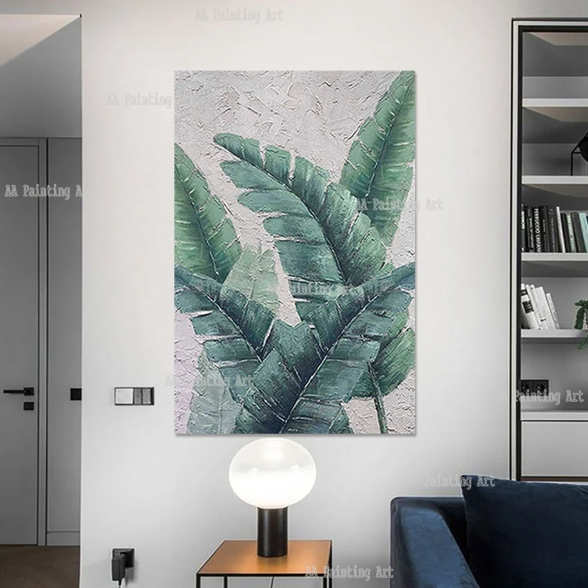 Hotel Decor Luxury Canvas Art Large Plantain Leaves Texture Acrylic Painting Modern New Arrival Pure Handmade Wall Poster Set