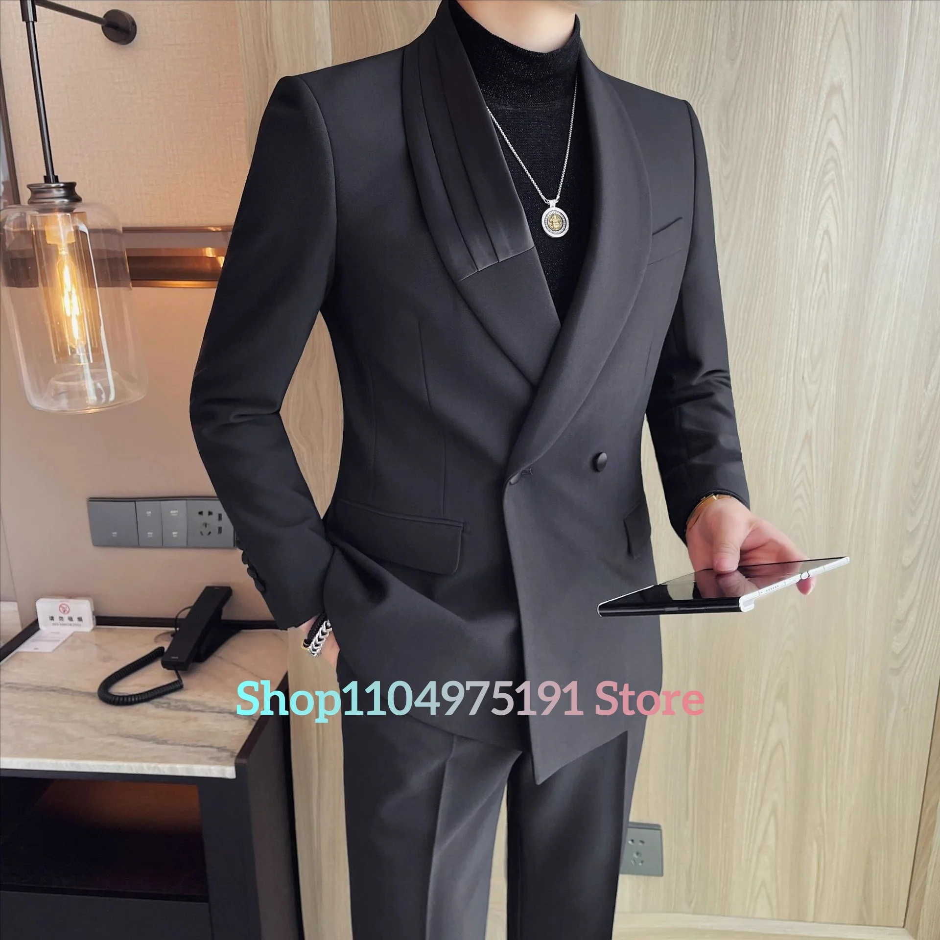 صدر مزدوج، ياقة شال، بدلة ترفيهية مرقعة، بدلة رجالية ضيقة مكونة من قطعتين. بدلة رجالية مكونة من قطعتين (سترة + بنطلون) #3