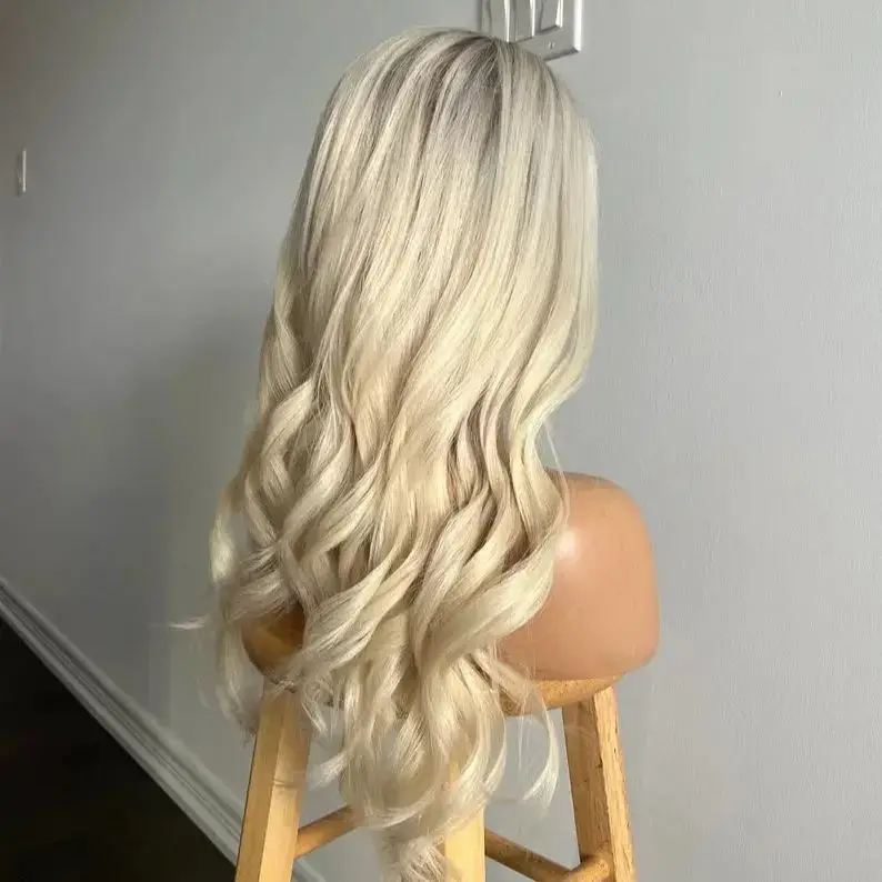 

Dark Roots Ombre Light Blonde Women’s Wig Long Body Wavy Easy to Wear Synthetic Lace Frontal Wigs Realistic Look Hairline 24"