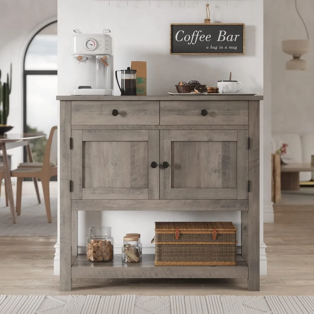 

HOSTACK Farmhouse Console Table with 2-Door Cabinet & 2 Drawers, Coffee Bar, Entryway Table with Storage Shelf