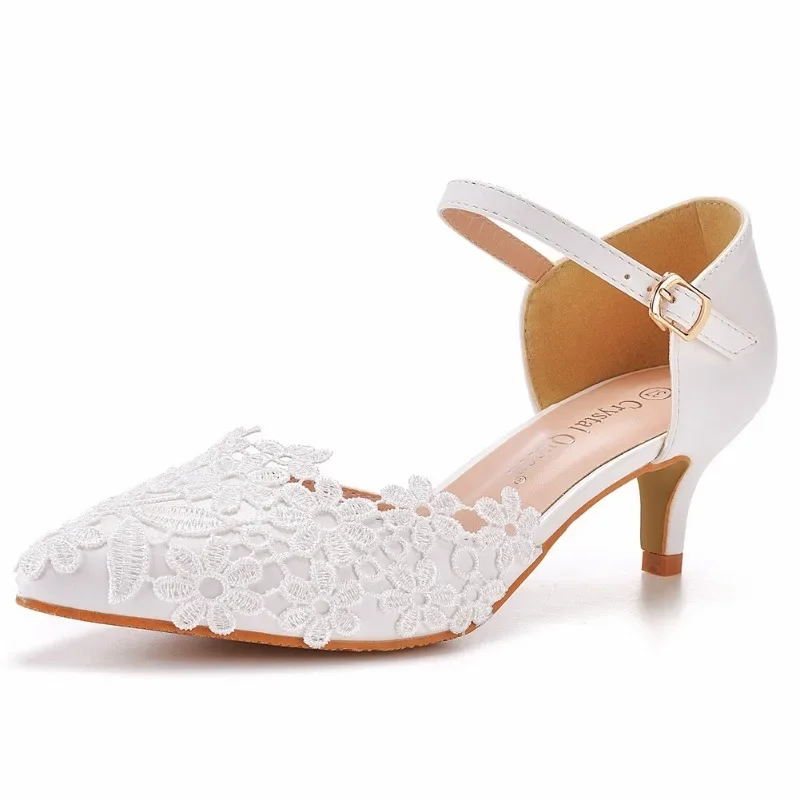 Pumps Women Heeled Sandals Wedding Lace Buckle Strap PU 5CM Thin Heels Japanese Style Women Party Prom Shoes White Stiletto