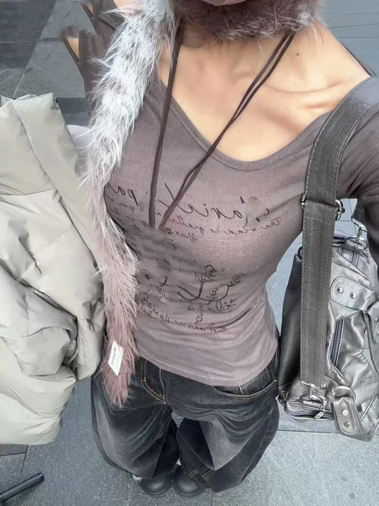 

Женские футболки с диагональным воротником и открытыми плечами, с длинным рукавом, тонкие топы Y2k в стиле Харадзюку, женская осенняя повседневная футболка