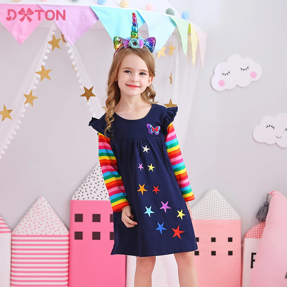 DXTON Girl Casual Dress Kids Cotton Dresses Long Sleeve Butterflies Star Girls Straight Dress Cartoon Costumes Children Clothing