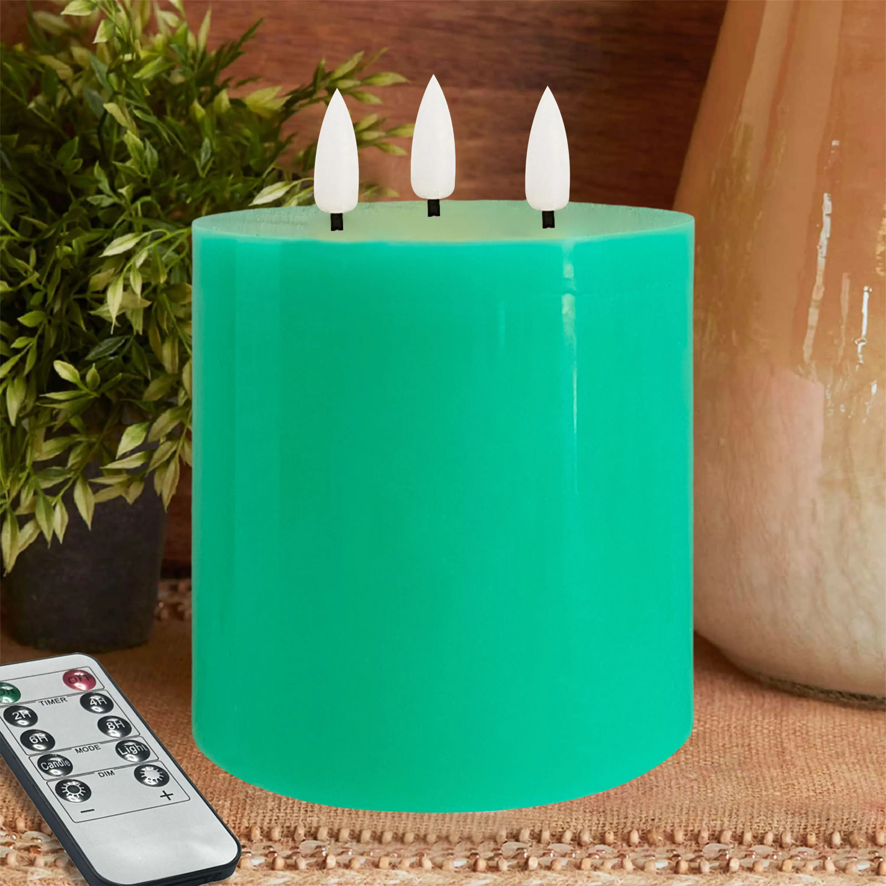 

LED Electronic Candle 3-wick Cylinder Green Handmade Candle Suitable for Decoration Gifts Timing Flameless Candle