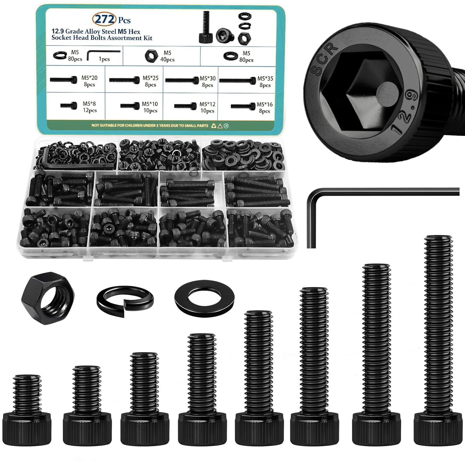 

A 272-piece combination set of screws, nuts and washers, suitable for mixed sets of M5x8-35 millimeter hexagonal head flat-head