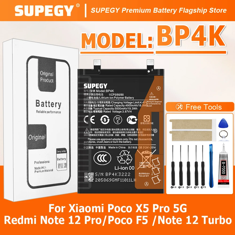 100% New Battery BP4K For Xiaomi Poco X5 Pro 5G/REDMI Note 12 Pro/Poco F5 /Note 12 Turbo Battery + Free Tools