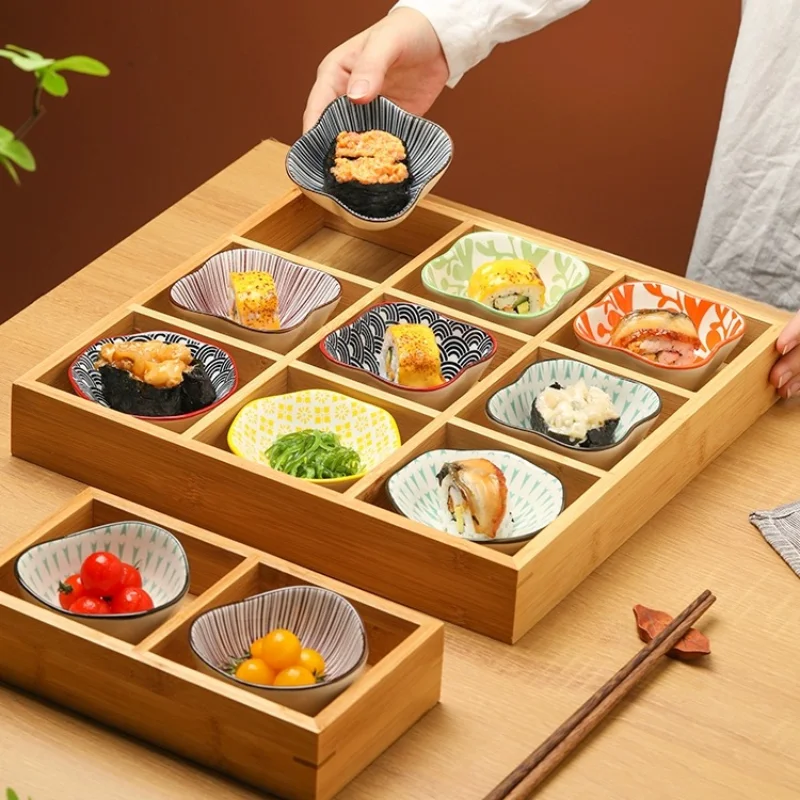 

Japanese 6-grid Bamboo Dessert Dish, Colorful Ceramic Plate, Snack Tray, Hot Pot Side Dish, Wooden Grid Plate, Tableware Platter