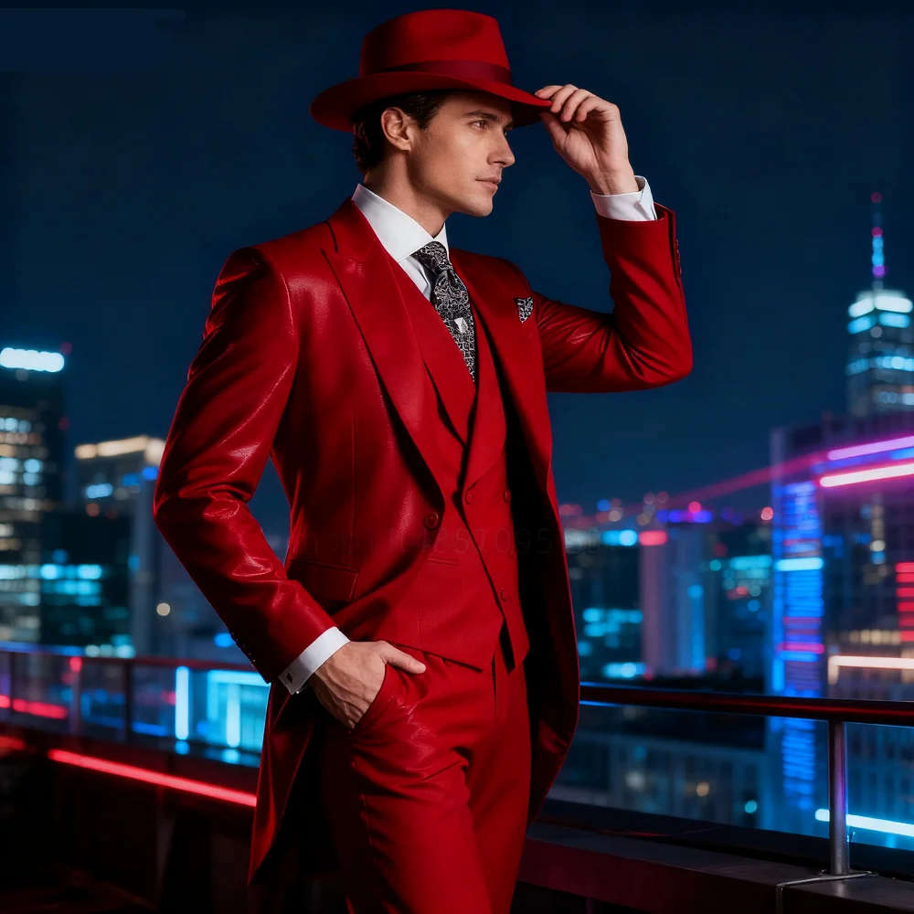 

Red Wedding Tuxedo Set for Men 3-Piece Smoking Formal Dance Graduation Male Groomsmen Suit Ensemble Fashion Tailored Fit