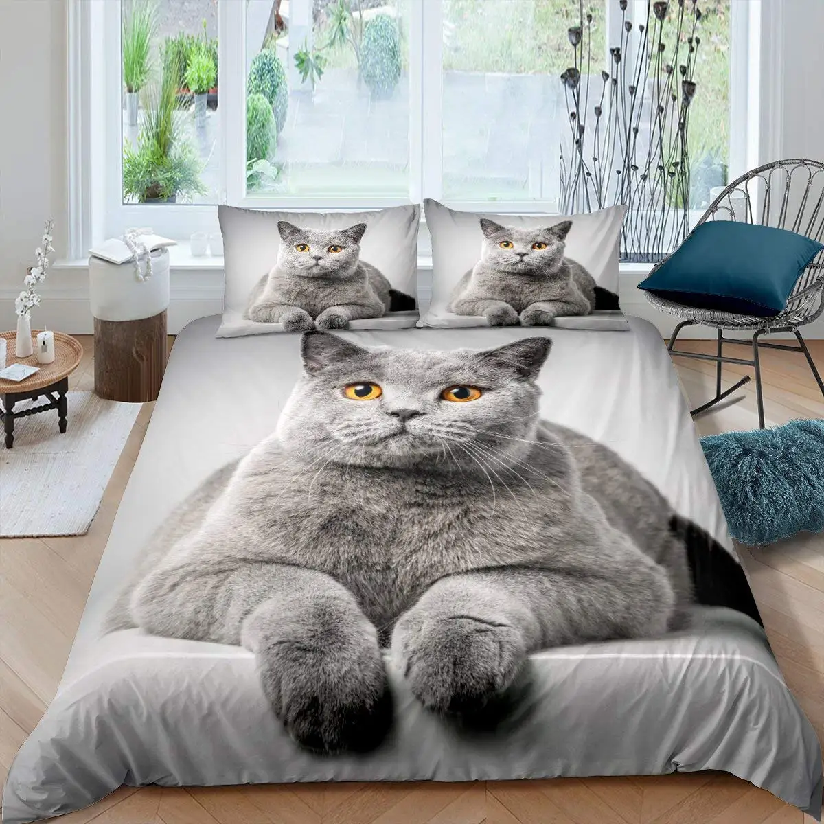 Cute Cat Duvet Cover Set Queen Size Girls Kawaii Kitten Bedding Sets Blue Butterflies Comforter Cover Lovely Animal Quilt Cover