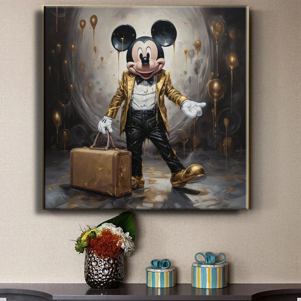 Rich Disney Mickey Mouse Gold Wall Art Painting C anvas Poster Luxurious Pop Art for Living Room or Kids Room Decor