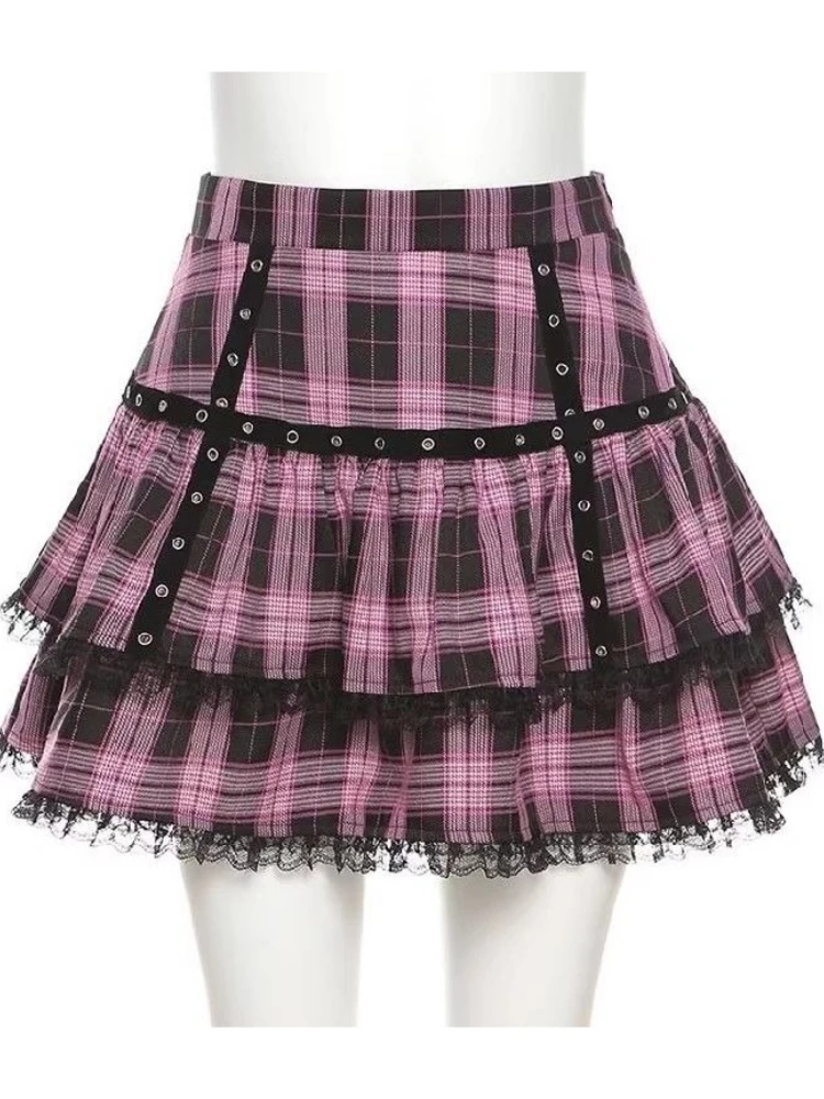 

Готическая мини-юбка в стиле гранж-панк, женская винтажная клетчатая кружевная юбка Y2k с высокой талией, тонкая короткая юбка, женская уличная одежда, лоскутная одежда 2025