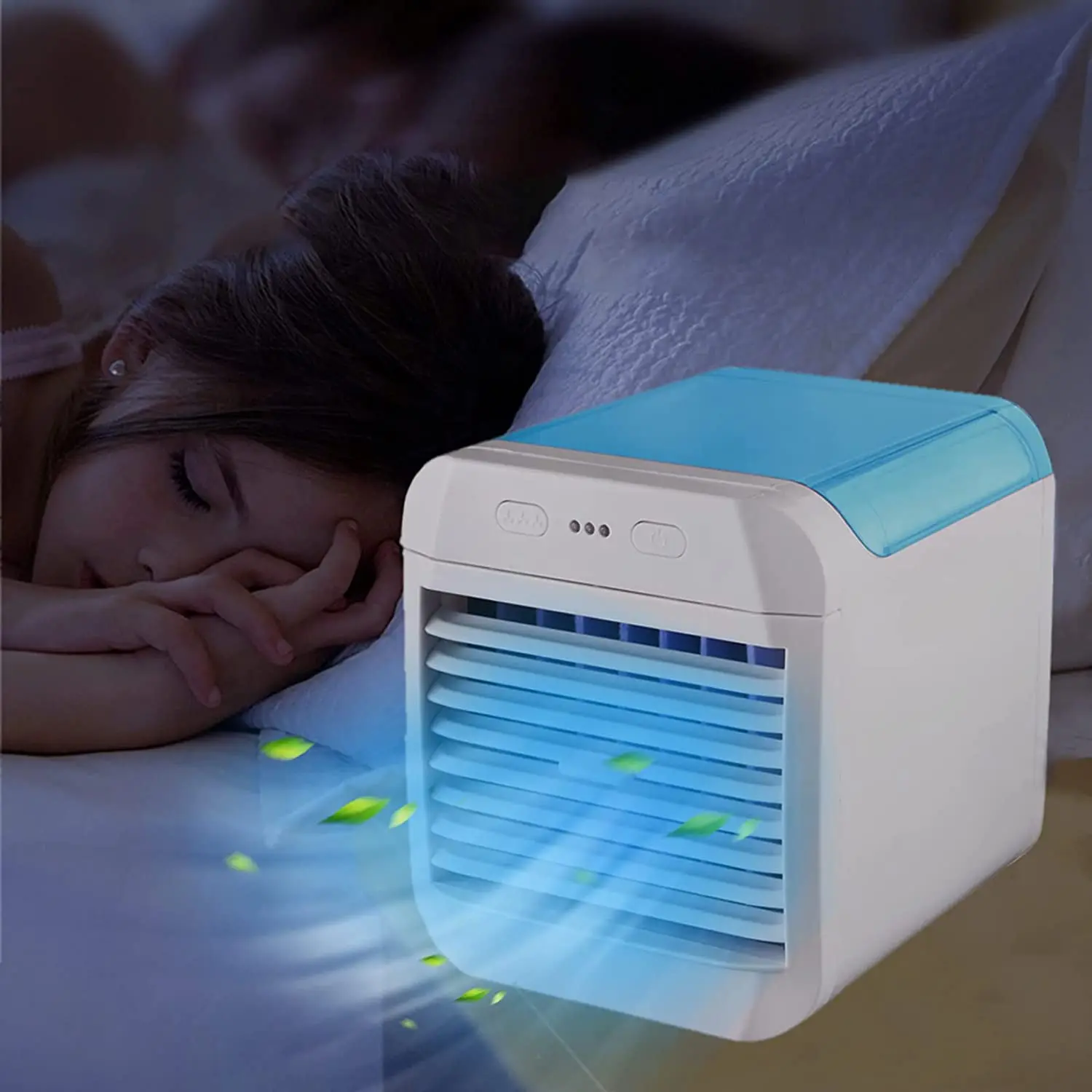 Mini Luchtkoeler Ventilator Draagbare Airconditioner Stille Usb Luchtkoeler Persoonlijke Airconditioner Met 7 Kleuren Led Lichtblauw