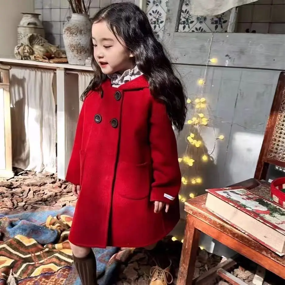 Girls Double Breasted Wool Coat New Fashion Hooded Double Faced Overcoat Kids Versatile Mid-Length Jacket