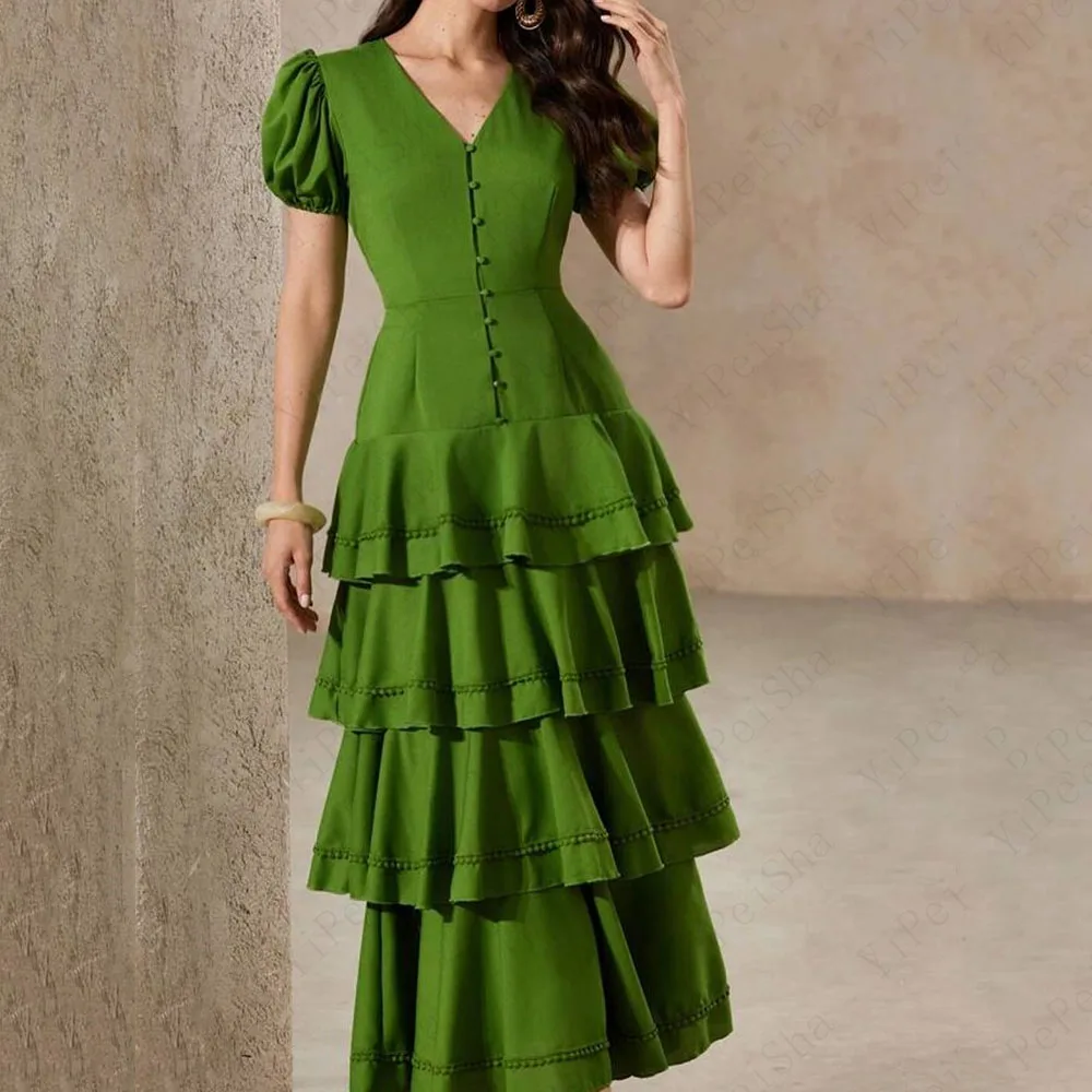 

Индивидуальные платья для выпускного вечера трапециевидной формы длиной до пола, вечернее платье с v-образным вырезом и короткими рукавами, простое модное многоуровневое драпированное повседневное вечернее платье