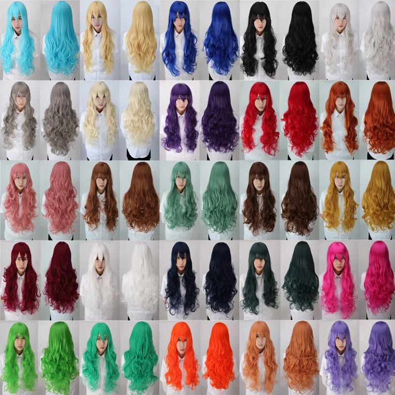 Synthetic Cosplay Wig 80CM Long Wavy Multi-Color High Temperature Fiber Full Wig with Side Bangs for Costume Party Halloween